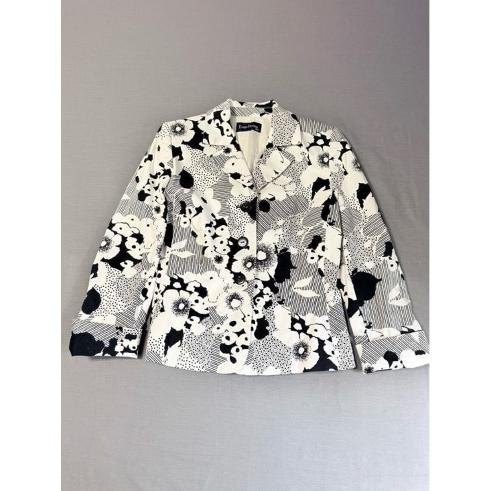 Vintage Evan-Picone Black and White Abstract Floral Print 3-Button Blazer Jacke